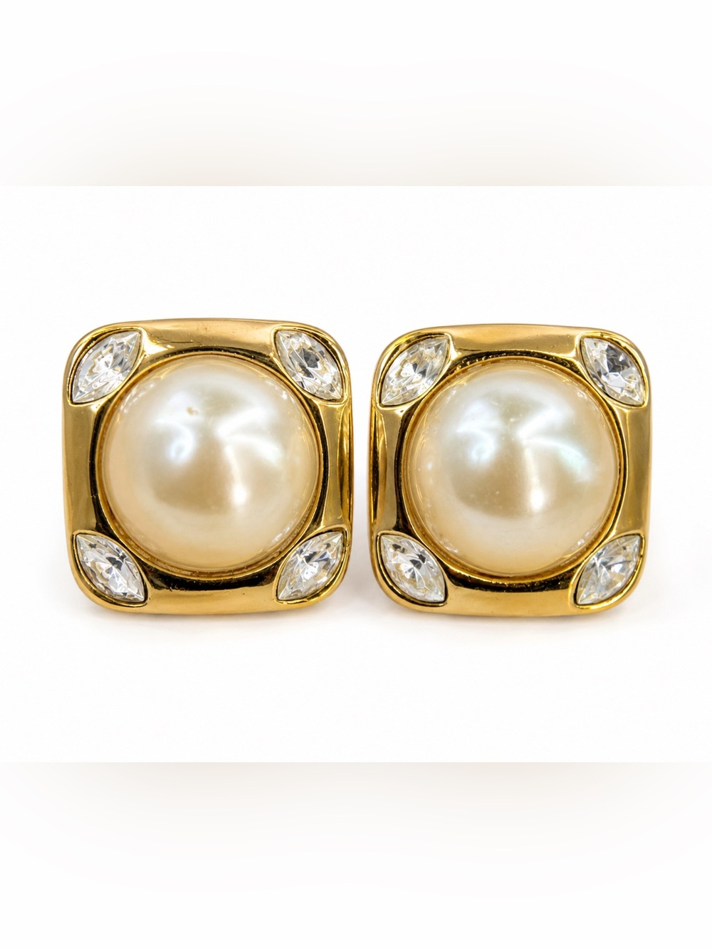 Vintage Gold Pearl Dome Clip-On Earrings with Marquise Crystals - Unbranded